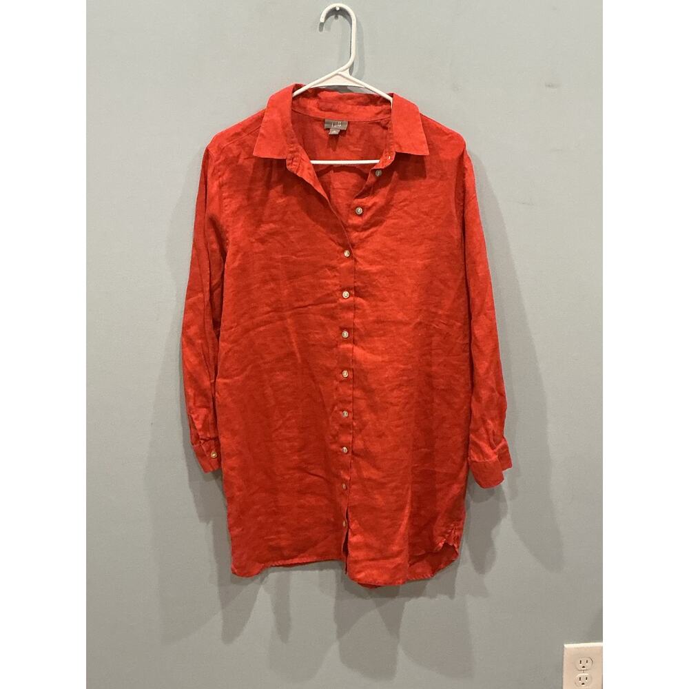JJill Womens Linen Button Up Tunic Top Medium Petite Orange Beach Boho Lagenlook